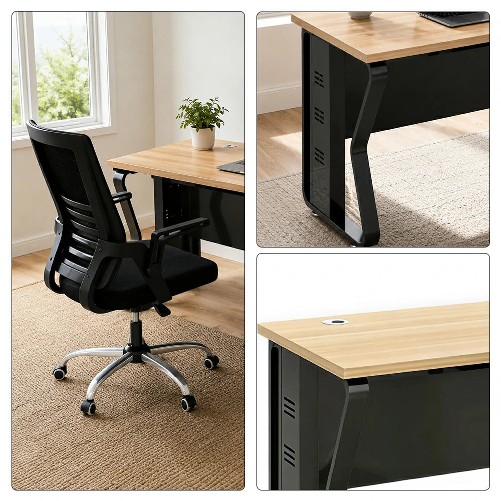 LIVARA Single Office Desk with Chair 120cm Workstation with Cable Management, E1 Board & Steel Frame - Light Walnut & Black