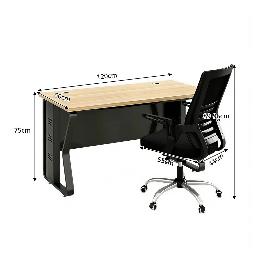 LIVARA Single Office Desk with Chair 120cm Workstation with Cable Management, E1 Board & Steel Frame - Light Walnut & Black