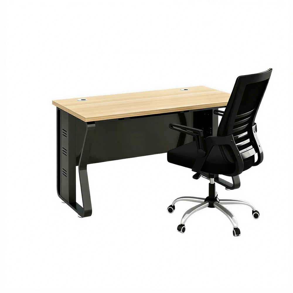 LIVARA Single Office Desk with Chair 120cm Workstation with Cable Management, E1 Board & Steel Frame - Light Walnut & Black