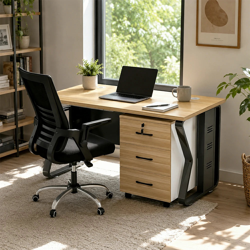 LIVARA Single Office Desk Set 120cm Workstation with Mobile Cabinet, Chair, Cable Management & Steel Frame - Light Walnut & Black