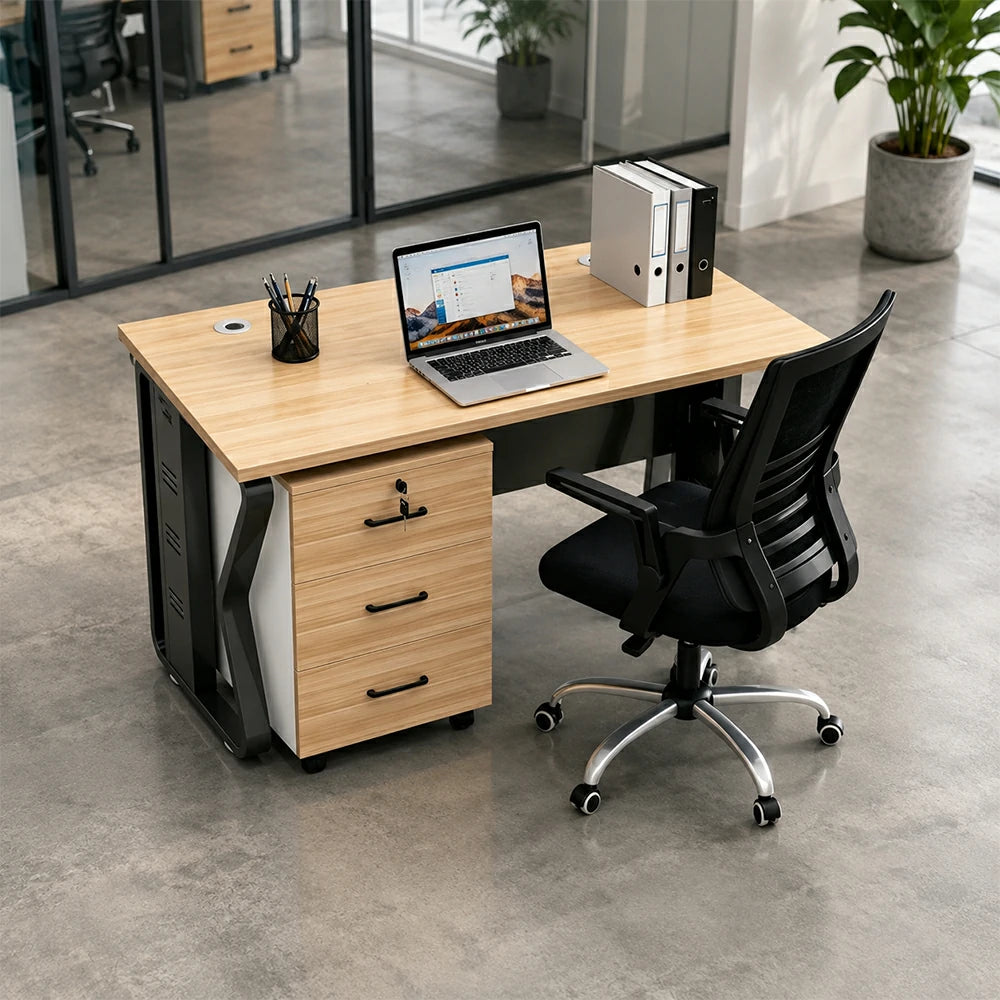 LIVARA Single Office Desk Set 120cm Workstation with Mobile Cabinet, Chair, Cable Management & Steel Frame - Light Walnut & Black