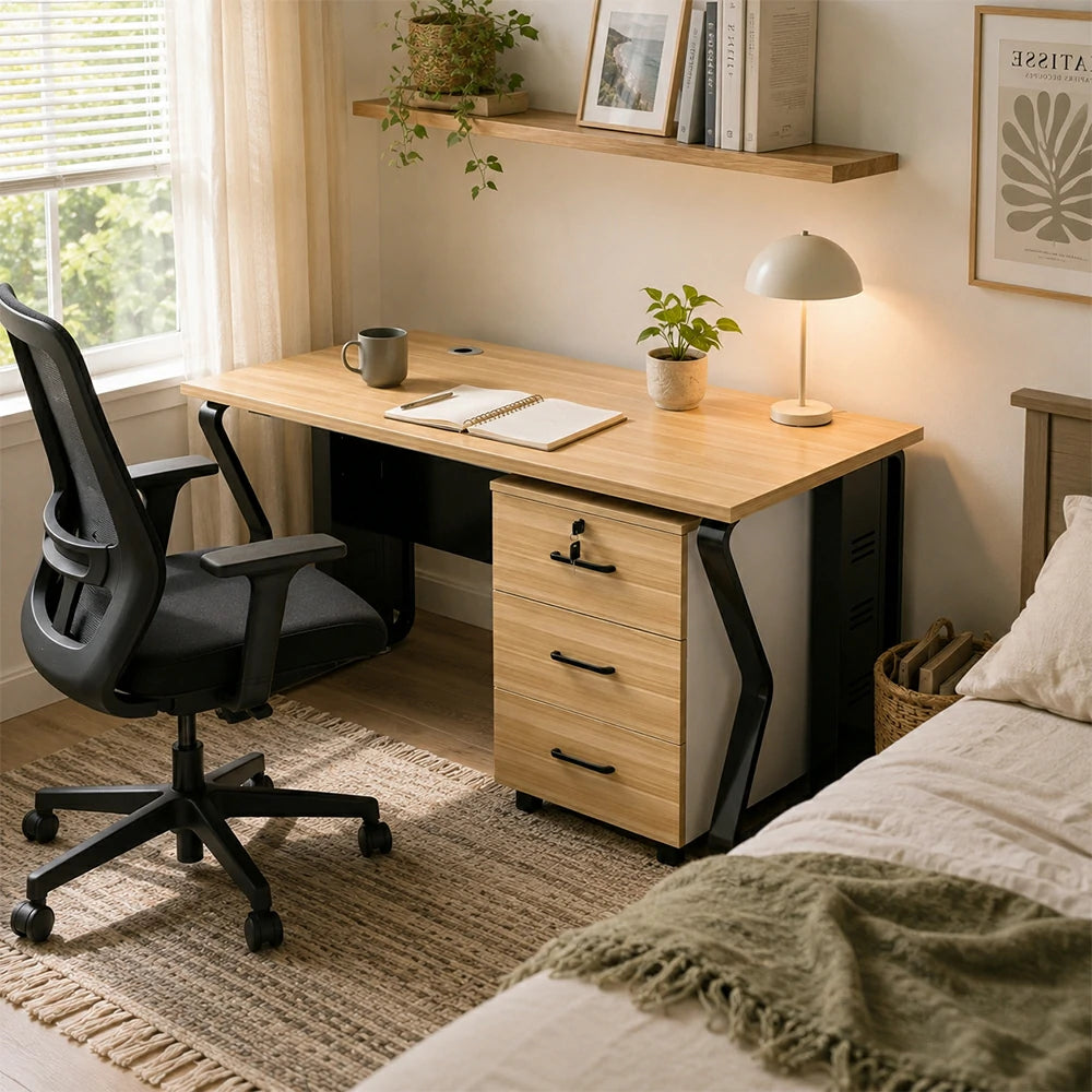 LIVARA Single Office Desk Set 120cm Workstation with Mobile Cabinet, Chair, Cable Management & Steel Frame - Light Walnut & Black