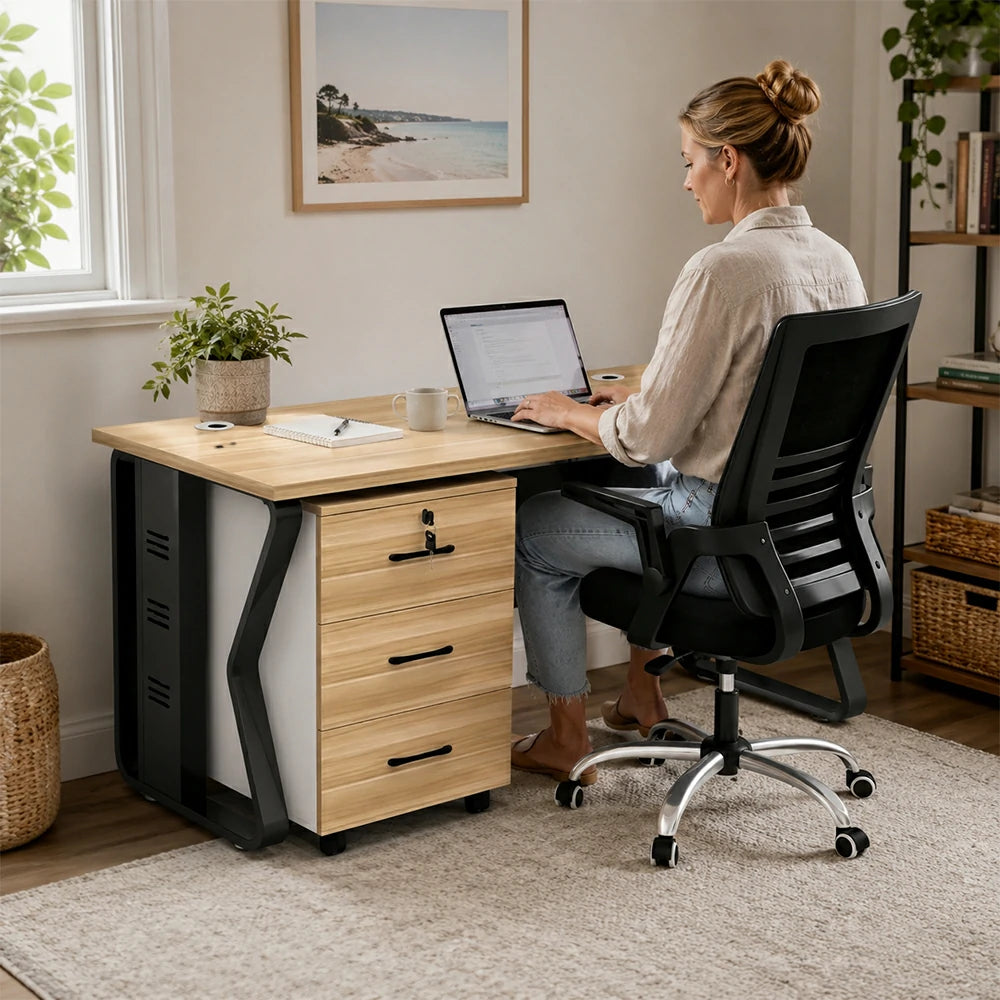 LIVARA Single Office Desk Set 120cm Workstation with Mobile Cabinet, Chair, Cable Management & Steel Frame - Light Walnut & Black