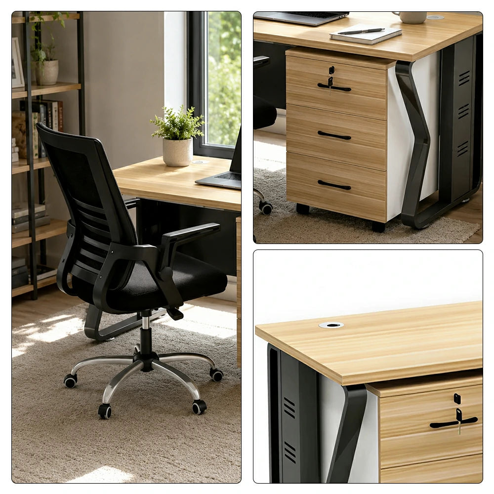 LIVARA Single Office Desk Set 120cm Workstation with Mobile Cabinet, Chair, Cable Management & Steel Frame - Light Walnut & Black