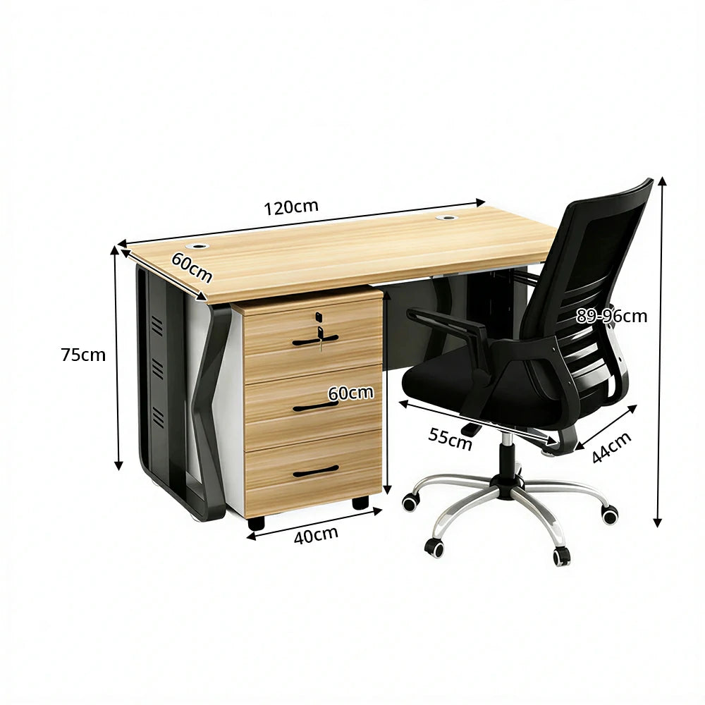 LIVARA Single Office Desk Set 120cm Workstation with Mobile Cabinet, Chair, Cable Management & Steel Frame - Light Walnut & Black