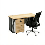 LIVARA Single Office Desk Set 120cm Workstation with Mobile Cabinet, Chair, Cable Management & Steel Frame - Light Walnut & Black