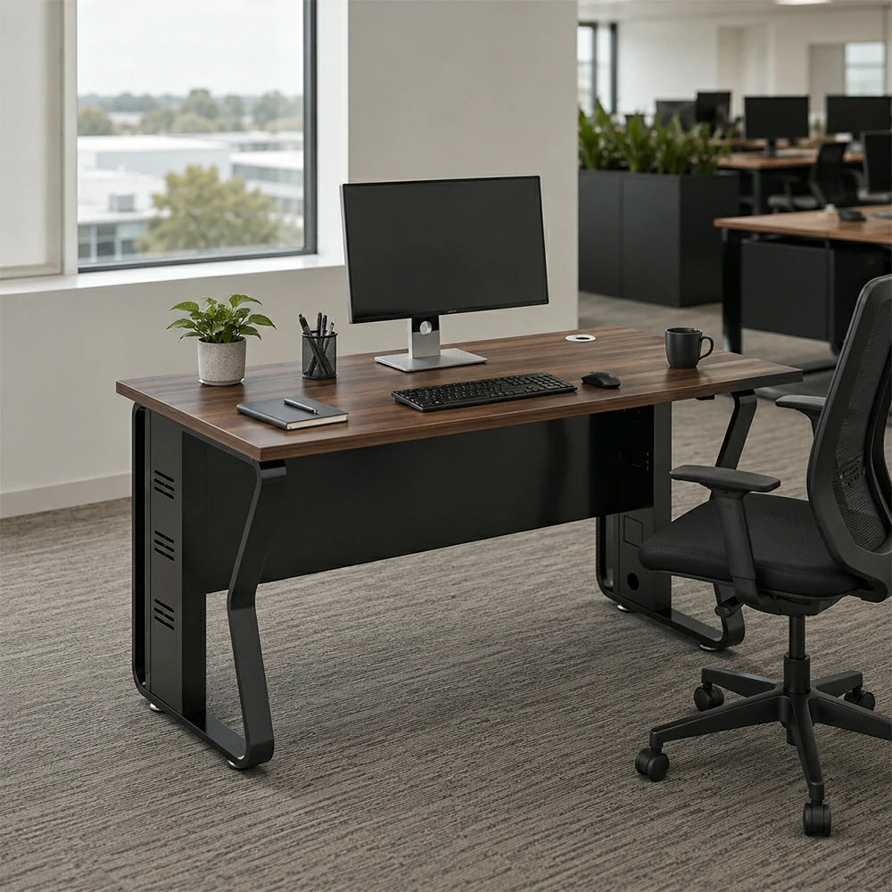 LIVARA Single Office Desk 120cm Workstation with Cable Management, E1 Board & Steel Frame - Dark Walnut & Black