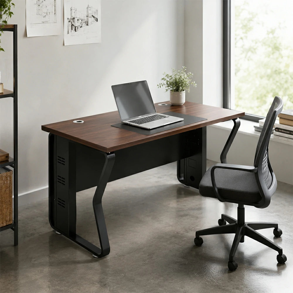 LIVARA Single Office Desk 120cm Workstation with Cable Management, E1 Board & Steel Frame - Dark Walnut & Black