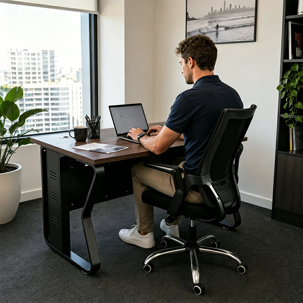LIVARA Single Office Desk 120cm Workstation with Cable Management, E1 Board & Steel Frame - Dark Walnut & Black