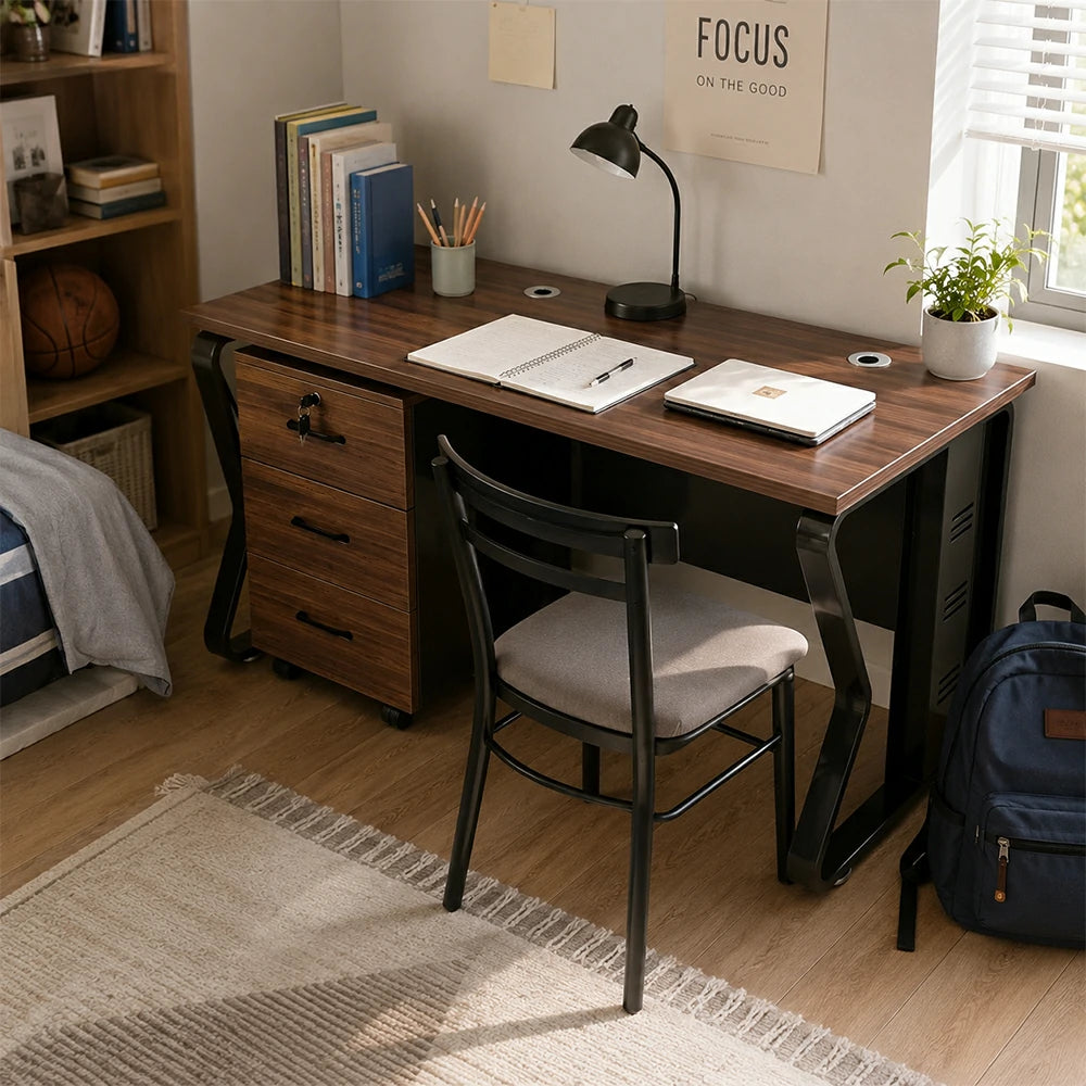 LIVARA Single Office Desk with Mobile Cabinet 120cm Workstation with Cable Management, E1 Board & Steel Frame - Dark Walnut & Black