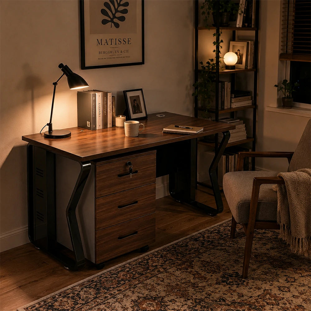 LIVARA Single Office Desk with Mobile Cabinet 120cm Workstation with Cable Management, E1 Board & Steel Frame - Dark Walnut & Black