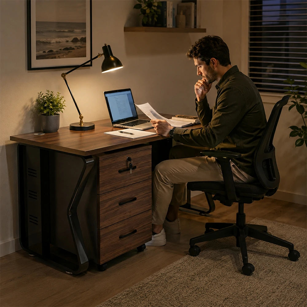 LIVARA Single Office Desk with Mobile Cabinet 120cm Workstation with Cable Management, E1 Board & Steel Frame - Dark Walnut & Black