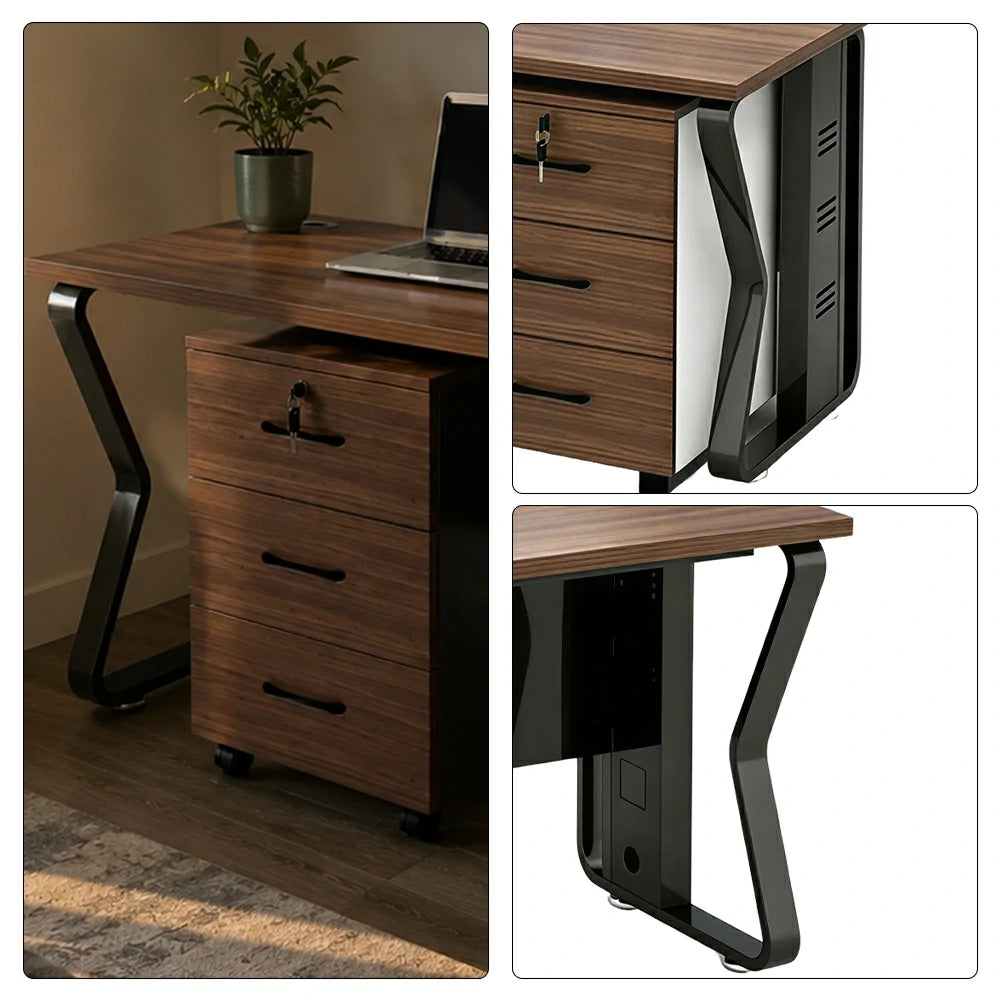 LIVARA Single Office Desk with Mobile Cabinet 120cm Workstation with Cable Management, E1 Board & Steel Frame - Dark Walnut & Black