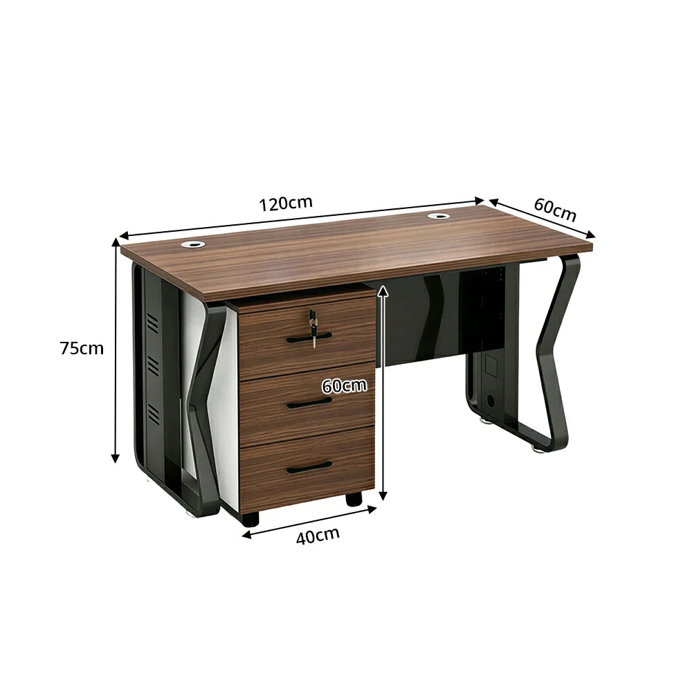 LIVARA Single Office Desk with Mobile Cabinet 120cm Workstation with Cable Management, E1 Board & Steel Frame - Dark Walnut & Black