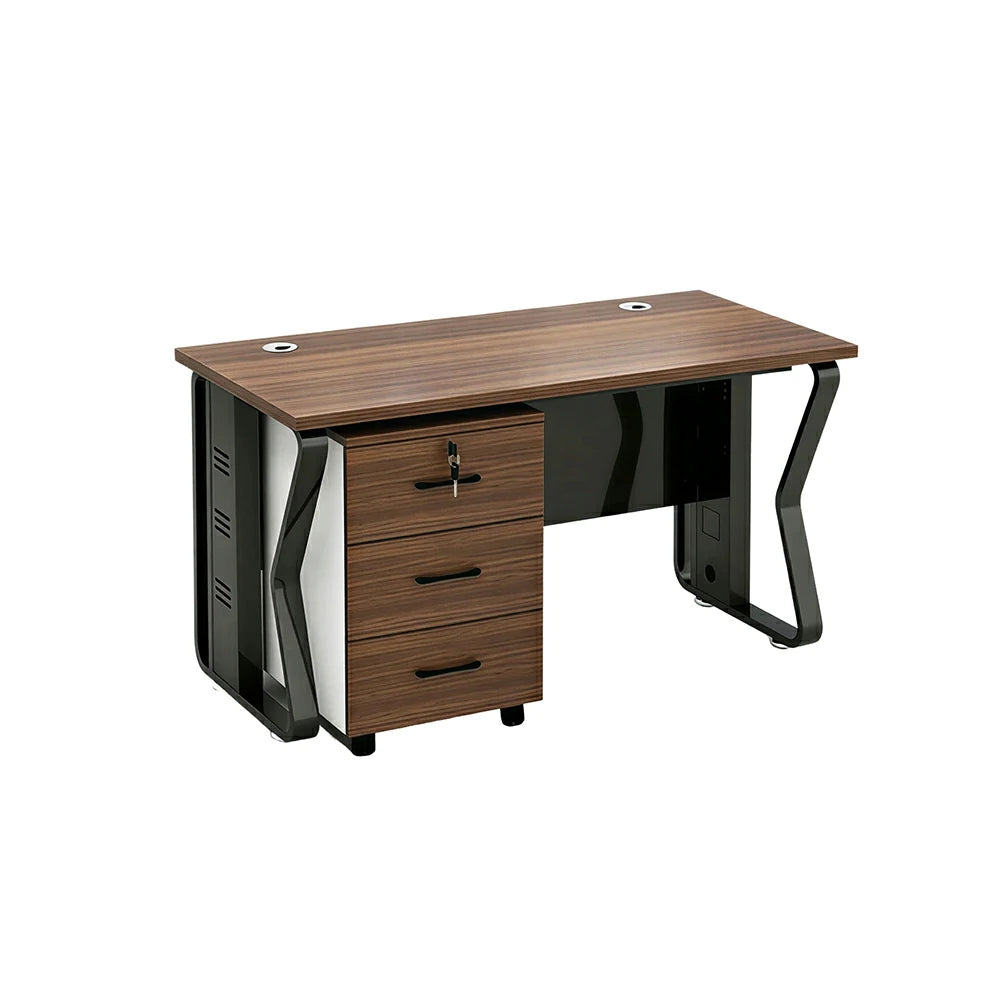 LIVARA Single Office Desk with Mobile Cabinet 120cm Workstation with Cable Management, E1 Board & Steel Frame - Dark Walnut & Black
