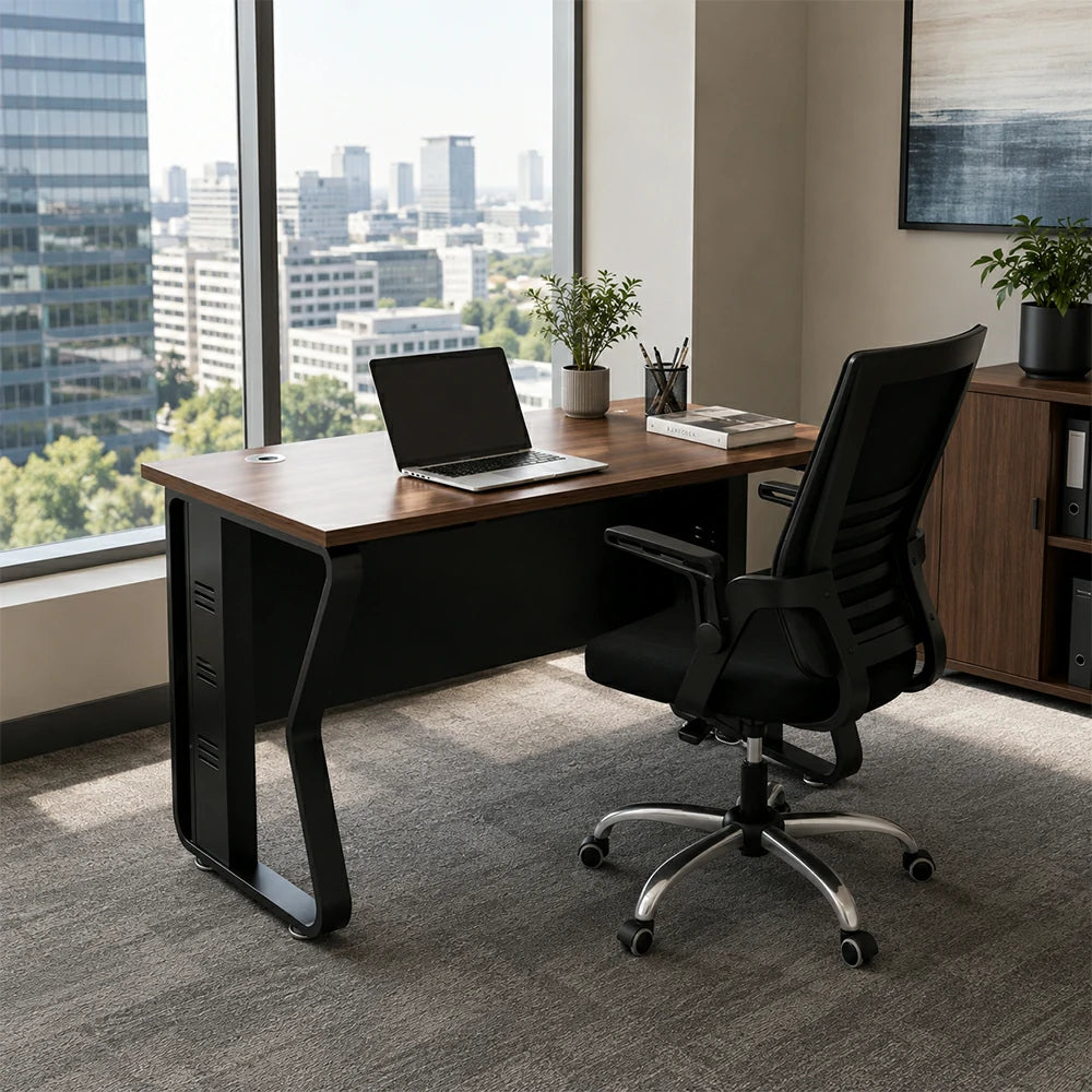 LIVARA Single Office Desk with Chair 120cm Workstation with Cable Management, E1 Board & Steel Frame - Dark Walnut & Black