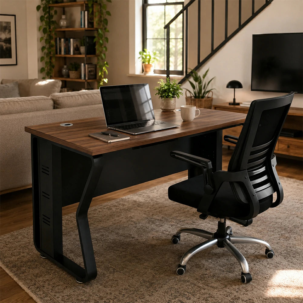 LIVARA Single Office Desk with Chair 120cm Workstation with Cable Management, E1 Board & Steel Frame - Dark Walnut & Black