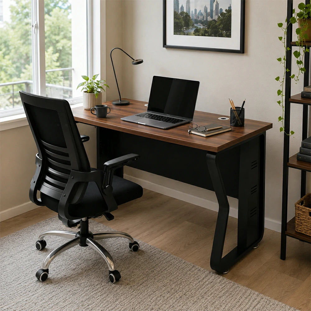 LIVARA Single Office Desk with Chair 120cm Workstation with Cable Management, E1 Board & Steel Frame - Dark Walnut & Black