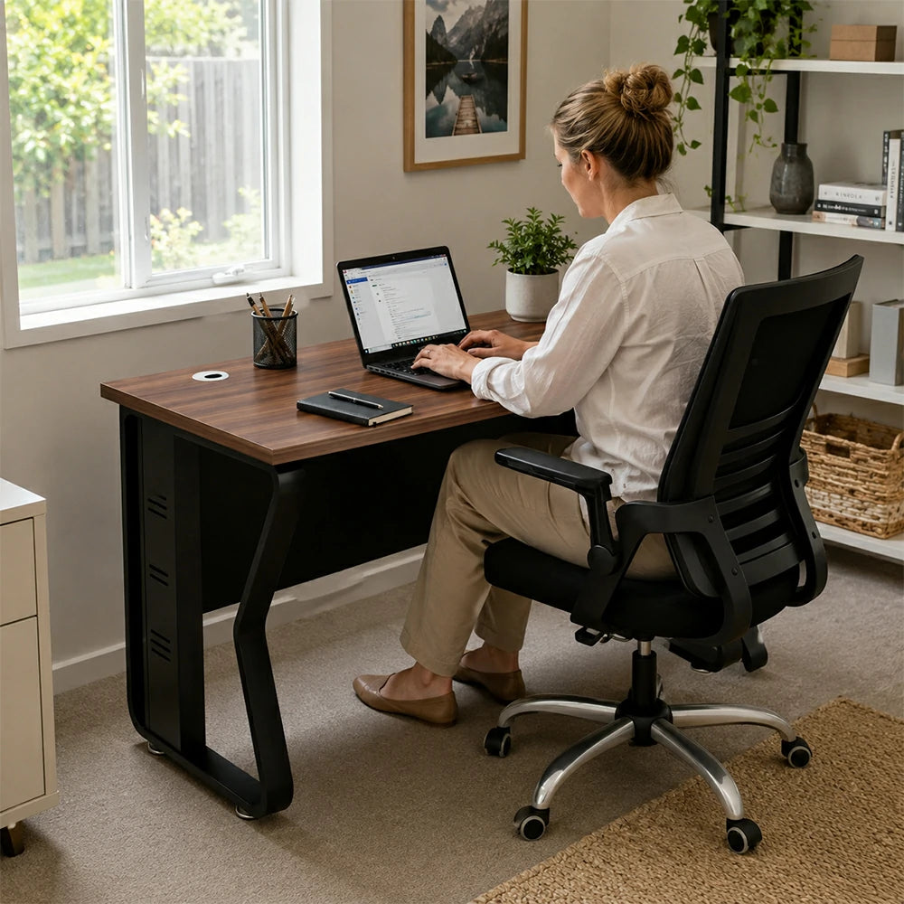 LIVARA Single Office Desk with Chair 120cm Workstation with Cable Management, E1 Board & Steel Frame - Dark Walnut & Black