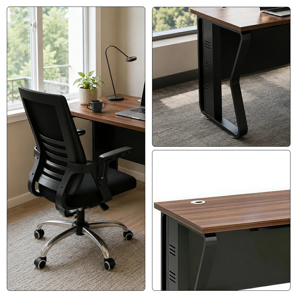 LIVARA Single Office Desk with Chair 120cm Workstation with Cable Management, E1 Board & Steel Frame - Dark Walnut & Black