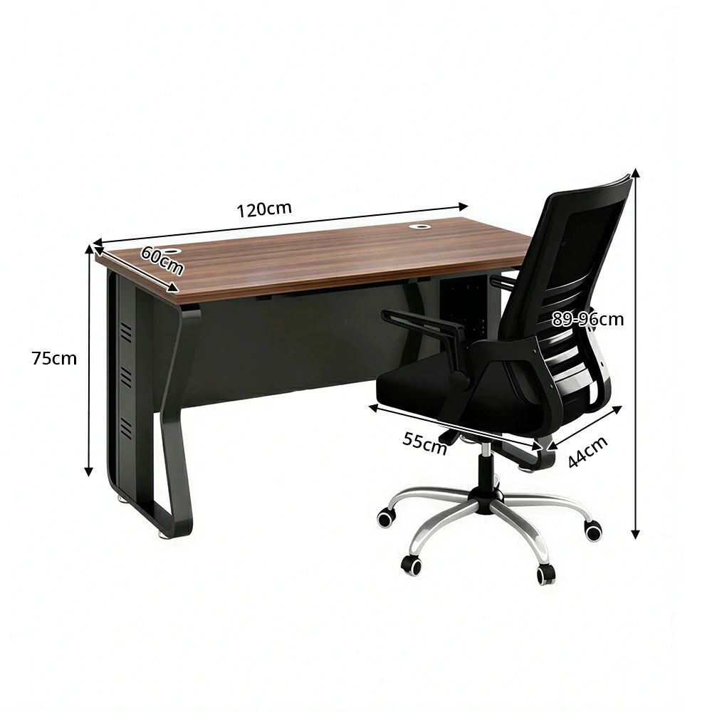 LIVARA Single Office Desk with Chair 120cm Workstation with Cable Management, E1 Board & Steel Frame - Dark Walnut & Black