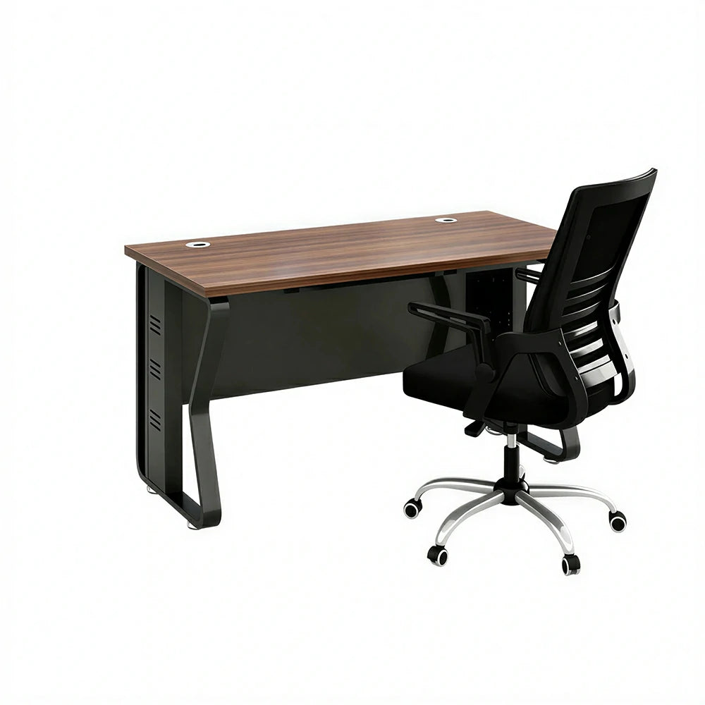 LIVARA Single Office Desk with Chair 120cm Workstation with Cable Management, E1 Board & Steel Frame - Dark Walnut & Black