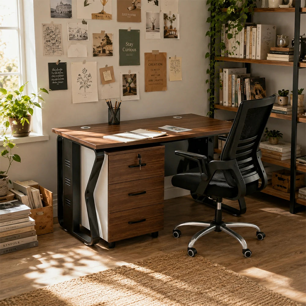 LIVARA Single Office Desk Set 120cm Workstation with Mobile Cabinet, Chair, Cable Management & Steel Frame - Dark Walnut & Black