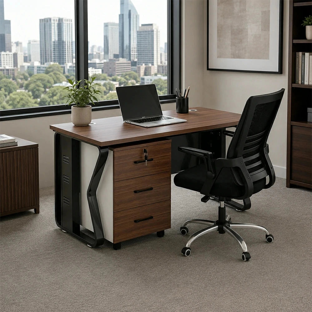 LIVARA Single Office Desk Set 120cm Workstation with Mobile Cabinet, Chair, Cable Management & Steel Frame - Dark Walnut & Black