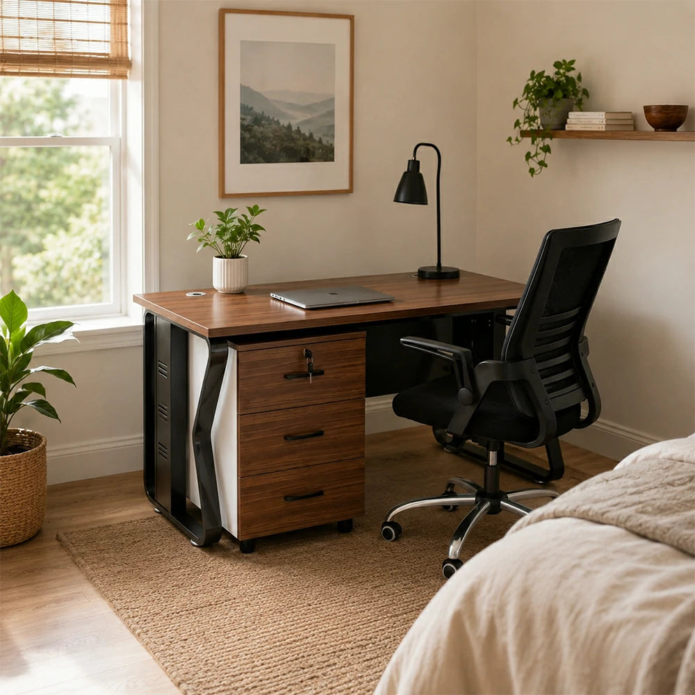 LIVARA Single Office Desk Set 120cm Workstation with Mobile Cabinet, Chair, Cable Management & Steel Frame - Dark Walnut & Black
