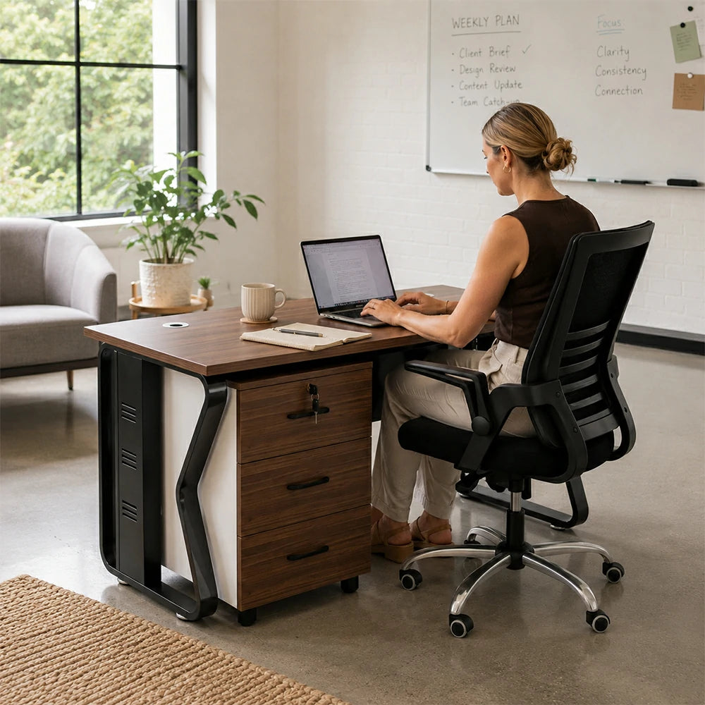 LIVARA Single Office Desk Set 120cm Workstation with Mobile Cabinet, Chair, Cable Management & Steel Frame - Dark Walnut & Black