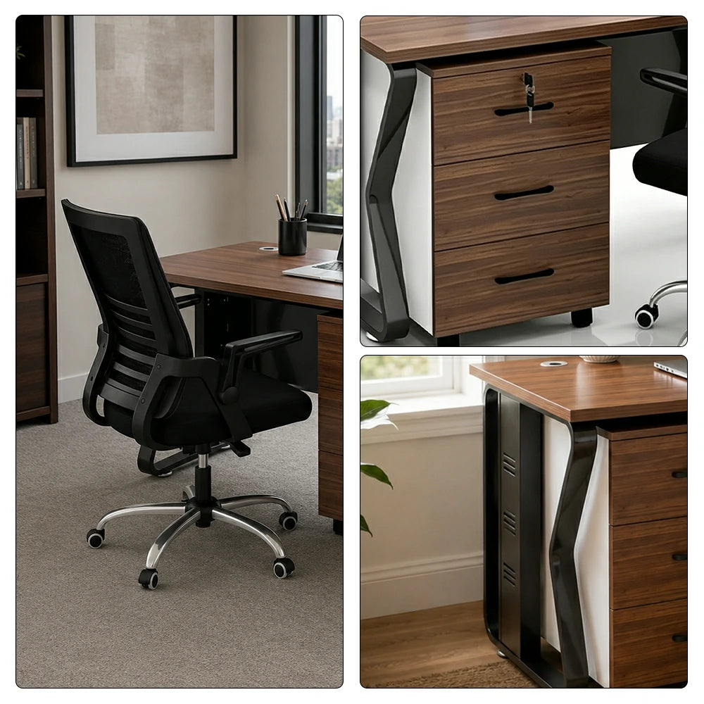 LIVARA Single Office Desk Set 120cm Workstation with Mobile Cabinet, Chair, Cable Management & Steel Frame - Dark Walnut & Black