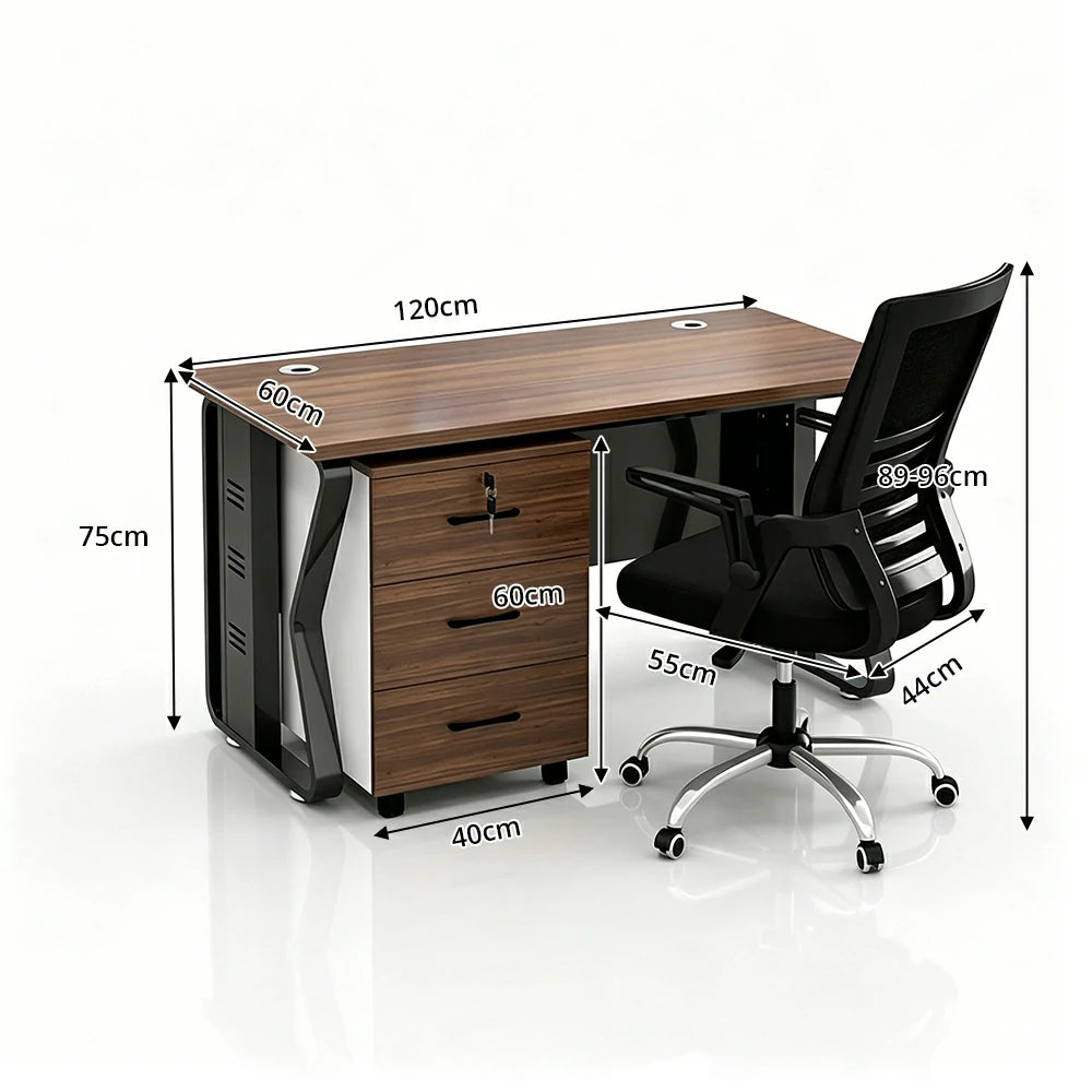 LIVARA Single Office Desk Set 120cm Workstation with Mobile Cabinet, Chair, Cable Management & Steel Frame - Dark Walnut & Black