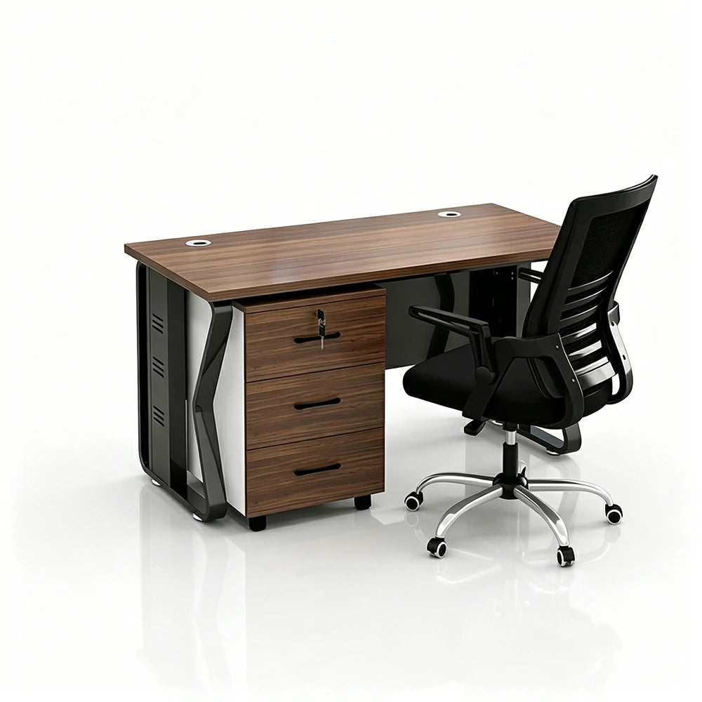 LIVARA Single Office Desk Set 120cm Workstation with Mobile Cabinet, Chair, Cable Management & Steel Frame - Dark Walnut & Black