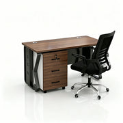 LIVARA Single Office Desk Set 120cm Workstation with Mobile Cabinet, Chair, Cable Management & Steel Frame - Dark Walnut & Black