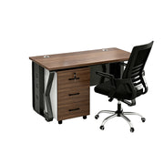 LIVARA Single Office Desk Set 120cm Workstation with Mobile Cabinet, Chair, Cable Management & Steel Frame - Dark Walnut & Black