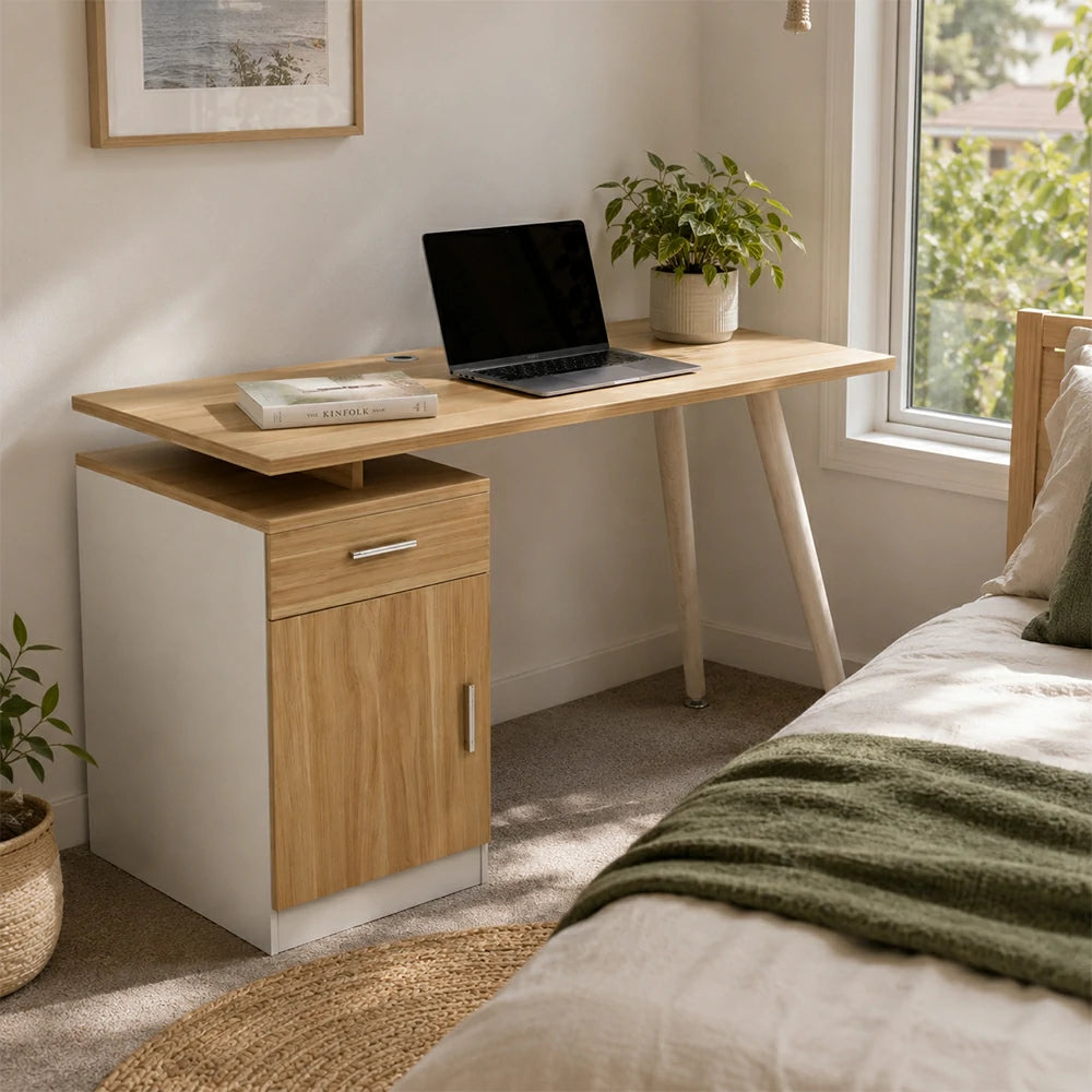 LIVARA Office Desk with Left Cabinet 120cm Workstation with Cable Management, E1 Board & White Frame - Wood & White