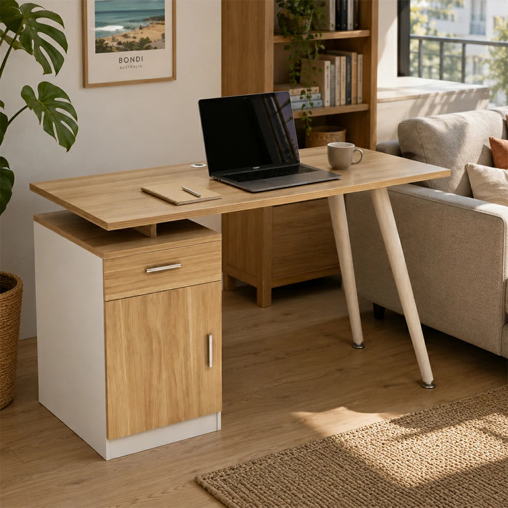 LIVARA Office Desk with Left Cabinet 120cm Workstation with Cable Management, E1 Board & White Frame - Wood & White