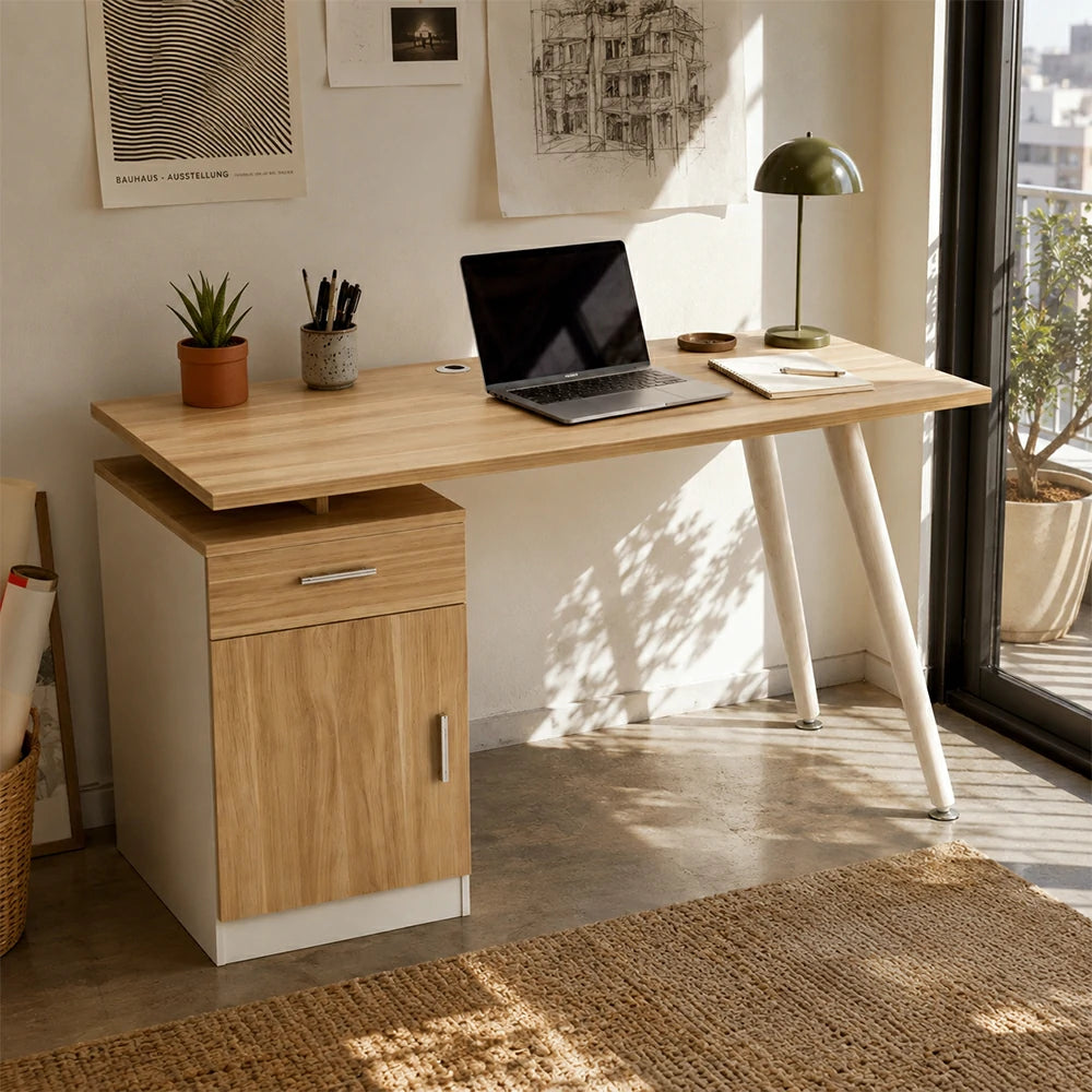 LIVARA Office Desk with Left Cabinet 120cm Workstation with Cable Management, E1 Board & White Frame - Wood & White