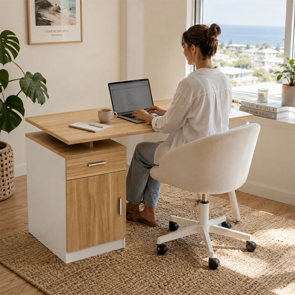 LIVARA Office Desk with Left Cabinet 120cm Workstation with Cable Management, E1 Board & White Frame - Wood & White