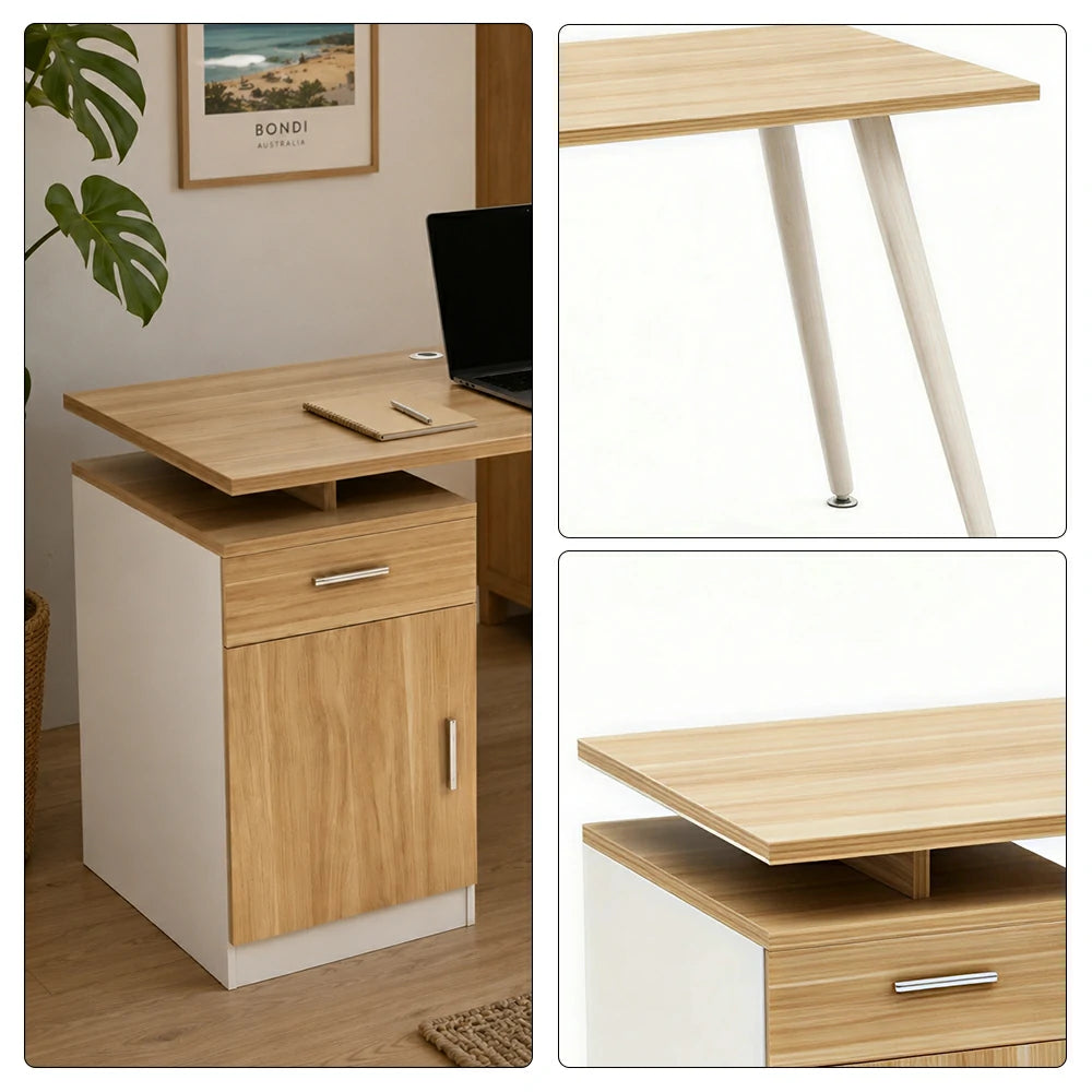 LIVARA Office Desk with Left Cabinet 120cm Workstation with Cable Management, E1 Board & White Frame - Wood & White