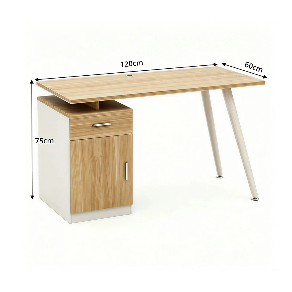 LIVARA Office Desk with Left Cabinet 120cm Workstation with Cable Management, E1 Board & White Frame - Wood & White