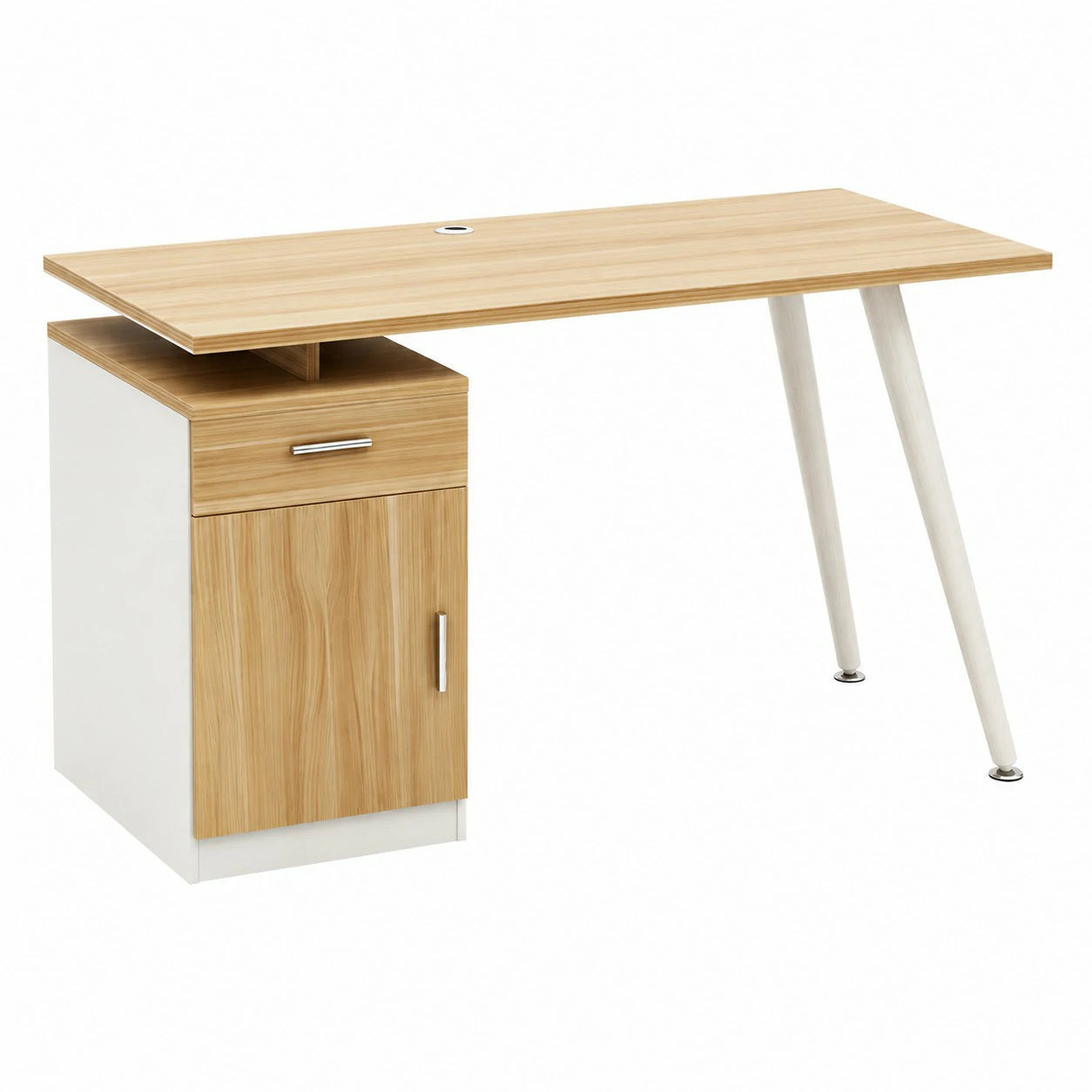 LIVARA Office Desk with Left Cabinet 120cm Workstation with Cable Management, E1 Board & White Frame - Wood & White