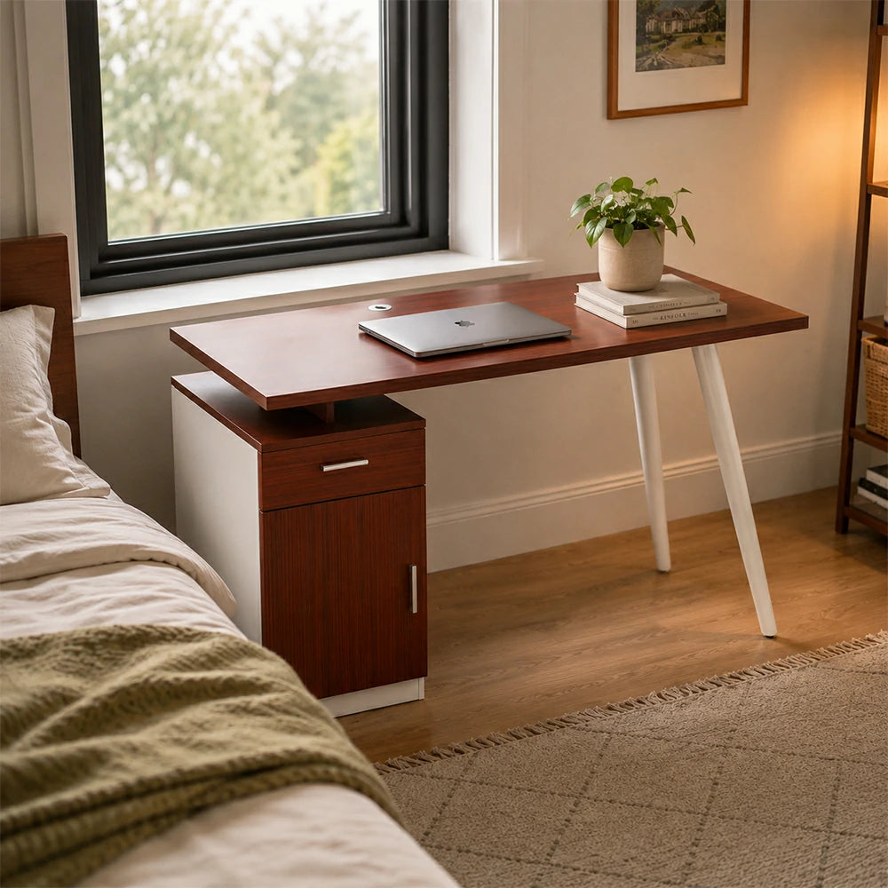 LIVARA Office Desk with Left Cabinet 120cm Workstation with Cable Management, E1 Board & White Frame - Walnut & White