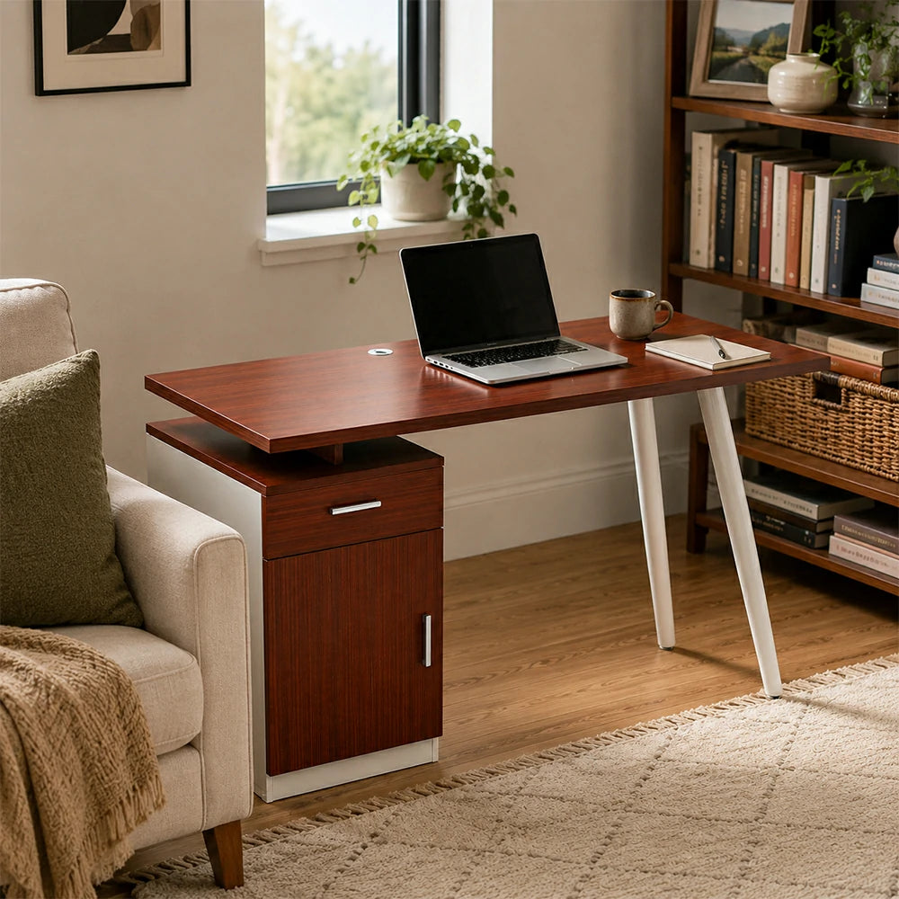 LIVARA Office Desk with Left Cabinet 120cm Workstation with Cable Management, E1 Board & White Frame - Walnut & White