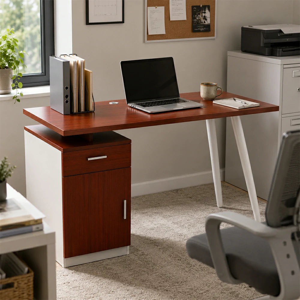 LIVARA Office Desk with Left Cabinet 120cm Workstation with Cable Management, E1 Board & White Frame - Walnut & White