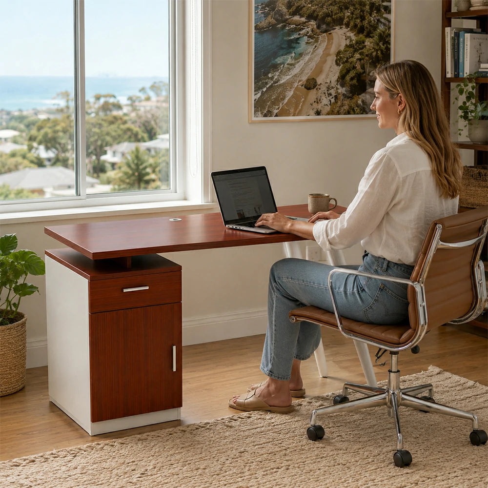 LIVARA Office Desk with Left Cabinet 120cm Workstation with Cable Management, E1 Board & White Frame - Walnut & White