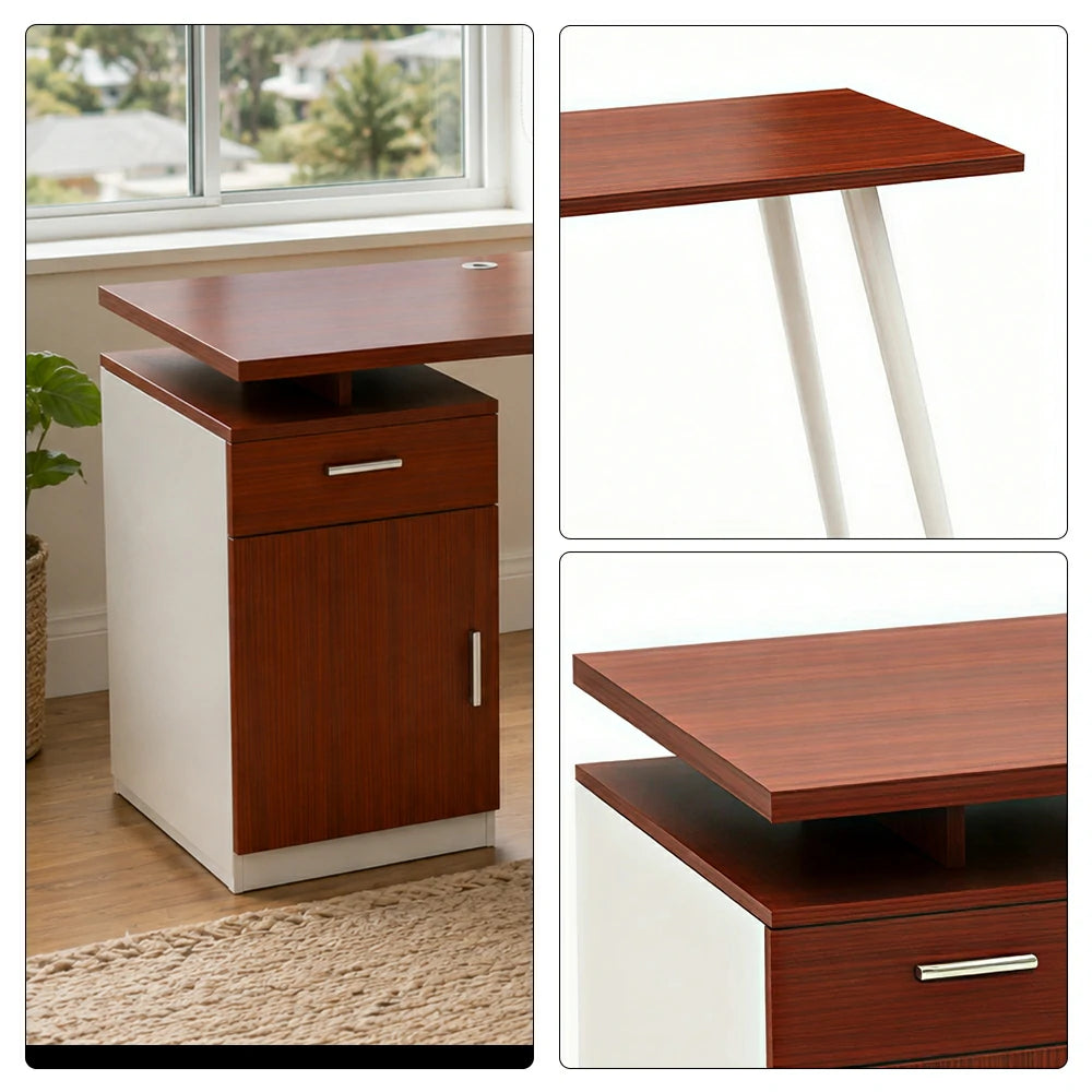LIVARA Office Desk with Left Cabinet 120cm Workstation with Cable Management, E1 Board & White Frame - Walnut & White