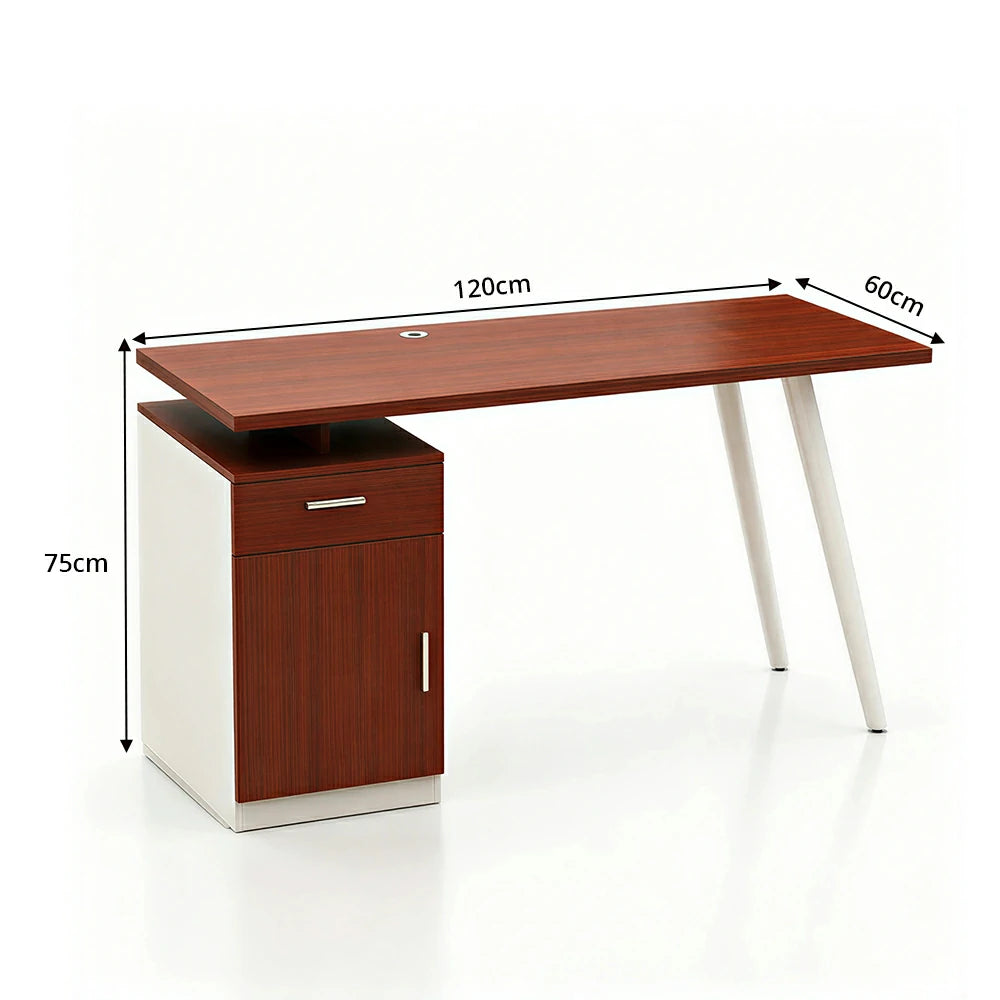 LIVARA Office Desk with Left Cabinet 120cm Workstation with Cable Management, E1 Board & White Frame - Walnut & White
