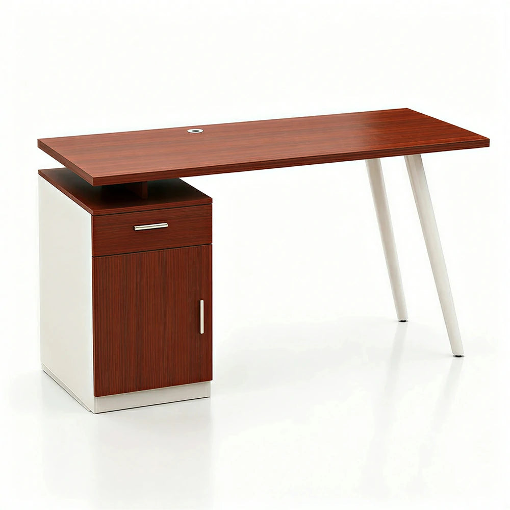 LIVARA Office Desk with Left Cabinet 120cm Workstation with Cable Management, E1 Board & White Frame - Walnut & White