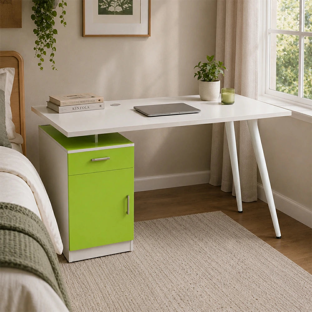 LIVARA Office Desk with Left Cabinet 120cm Workstation with Cable Management, E1 Board & White Frame - Green & White